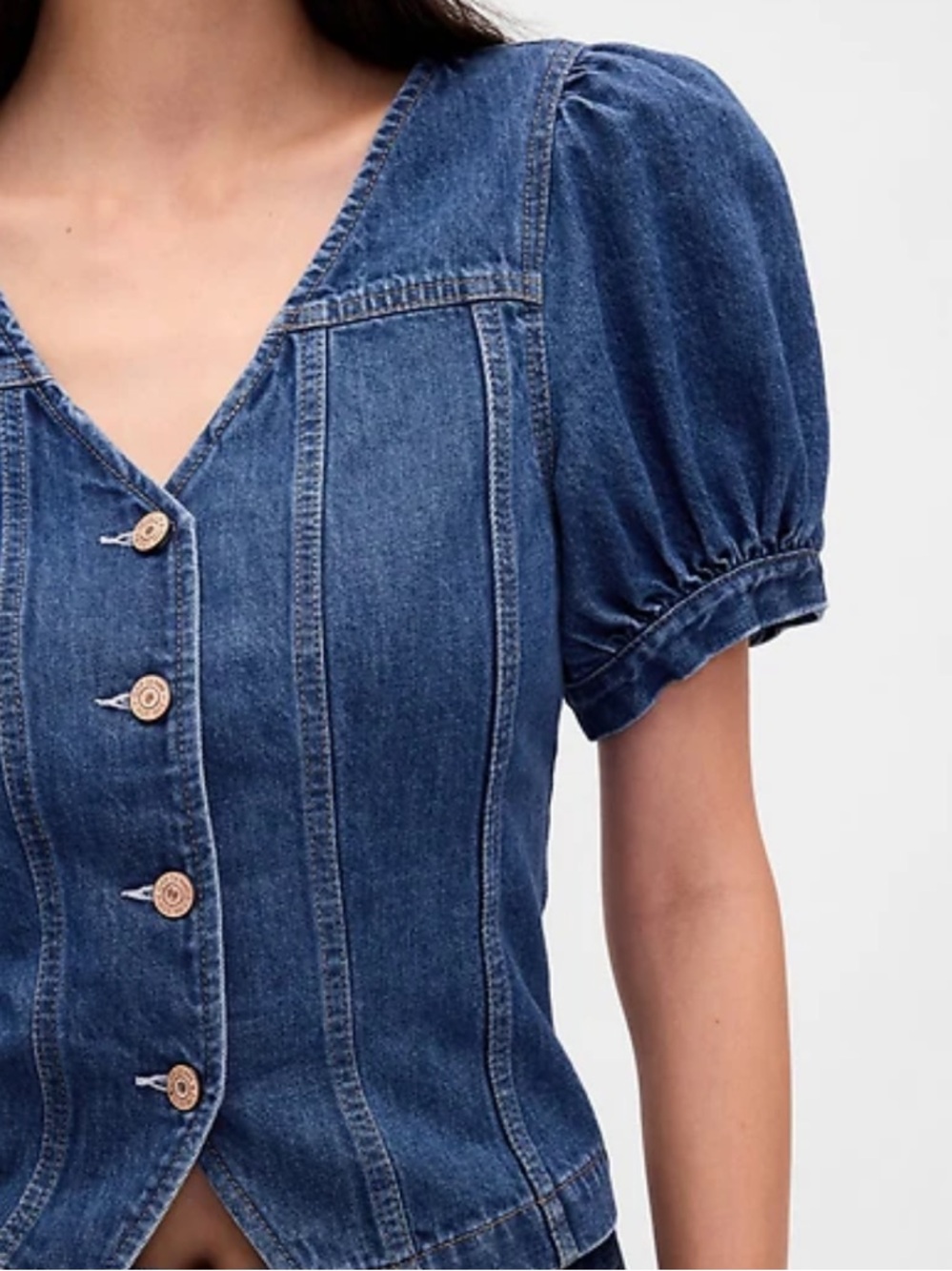 Denim Puff-Sleeve Button Front Top - Blue - Picture 5 of 9